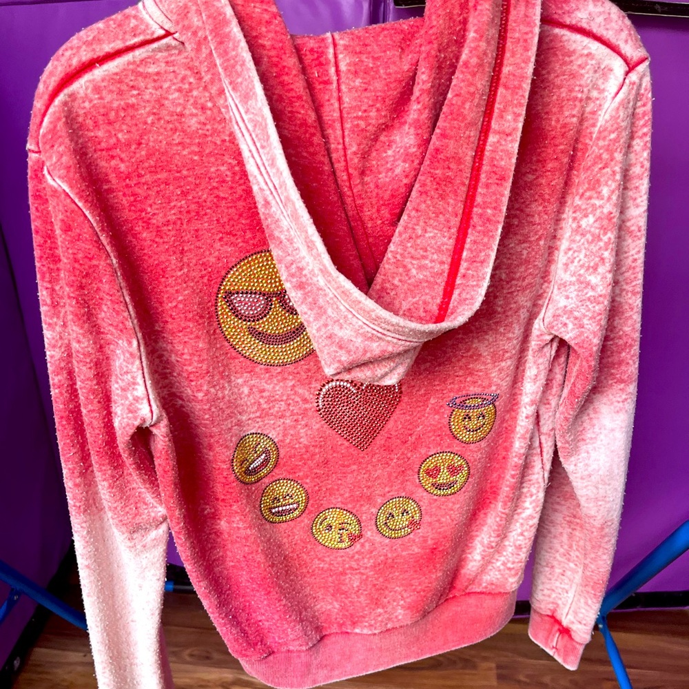 Girl’s BUTTER size XL red rhinestone Emoji zip up hoodie. Super soft.